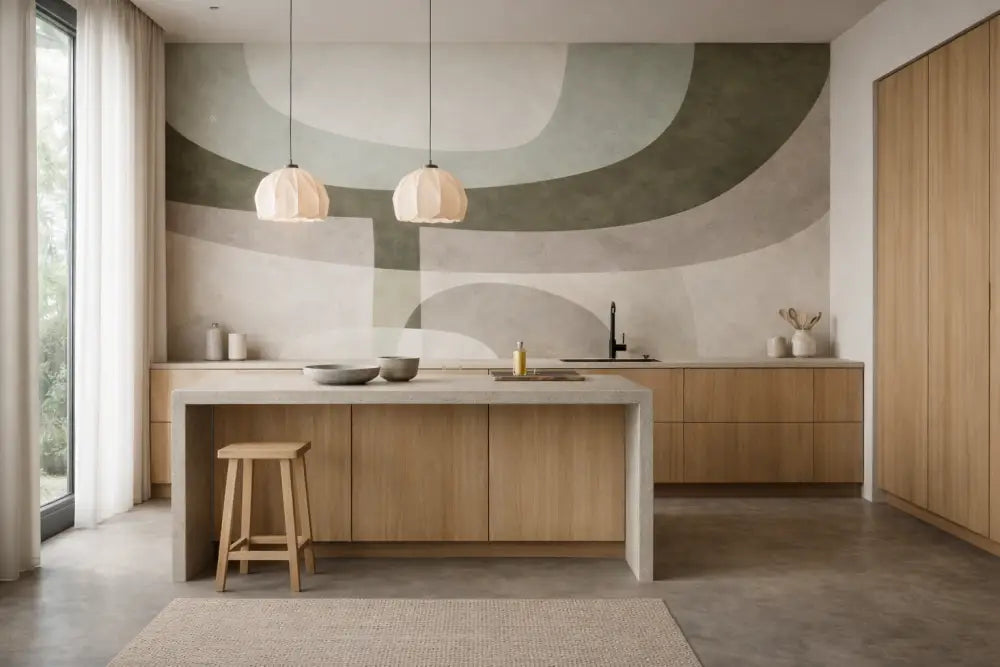 Île de cuisine minimaliste moderne avec armoires en bois clair et un comptoir blanc.