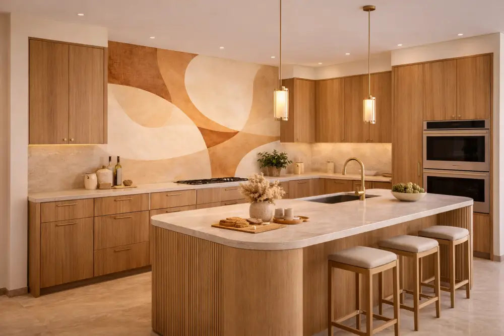 Île de cuisine moderne avec une finition en bois clair et un comptoir en marbre blanc.