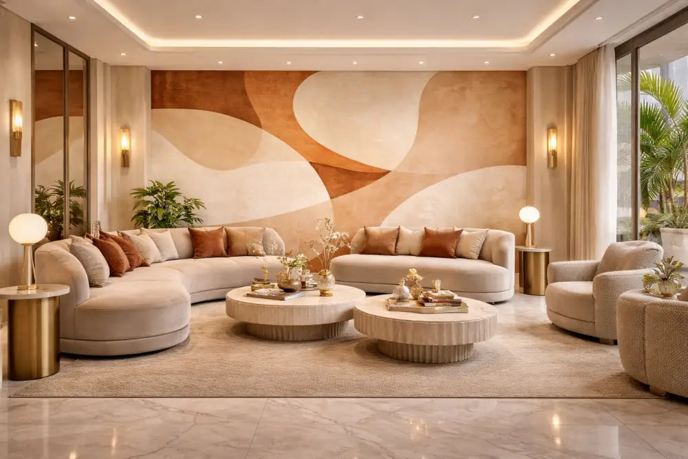 Canapé d’angle beige avec coussins moelleux et un design courbé et moderne.