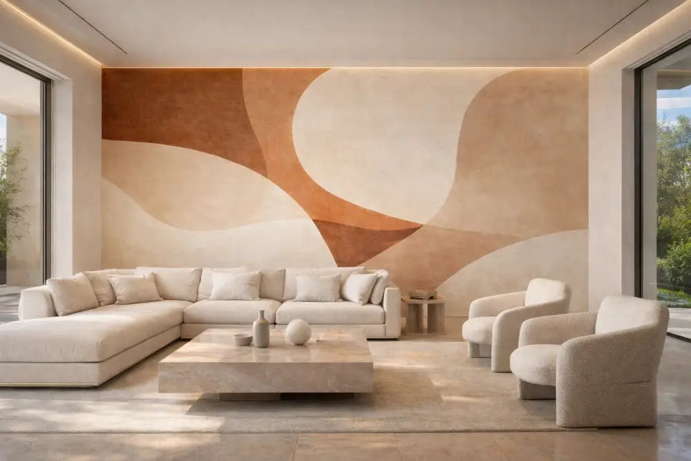 Canapé d’angle beige avec coussins doux et moelleux et lignes modernes épurées.