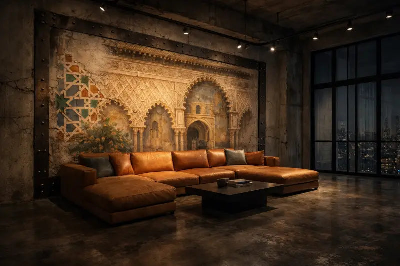 Canapé d’angle en cuir marron avec coussins décoratifs assortis.