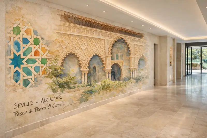 Une fresque vibrante et détaillée représentant l’Alcazar de Séville avec des motifs géométriques complexes et des éléments architecturaux en arc en tons terreux.