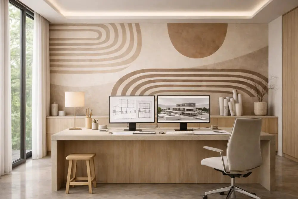 Bureau minimaliste moderne avec finition en bois clair et rangement intégré, présentant deux moniteurs élégants affichant des plans d’architecture.