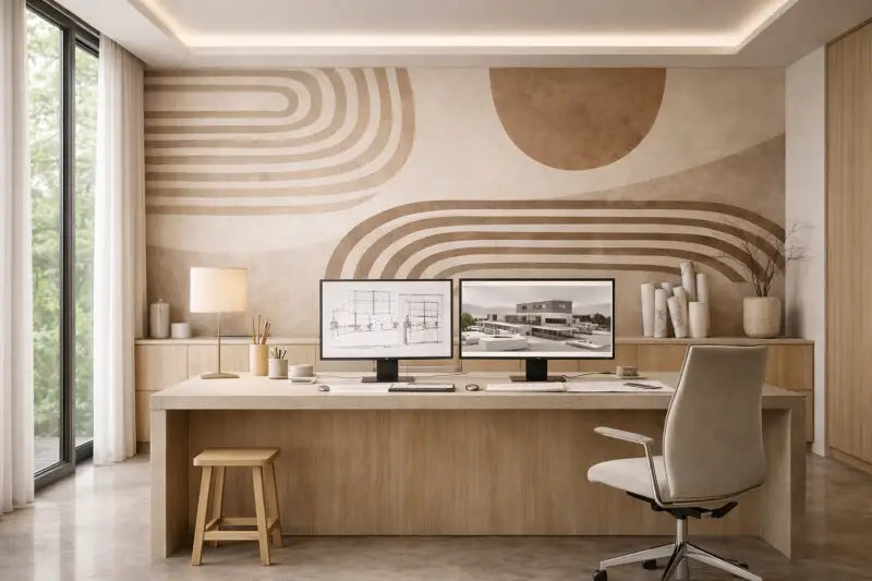 Bureau minimaliste moderne avec finition en bois clair et rangement intégré, présentant deux moniteurs élégants affichant des plans d’architecture.