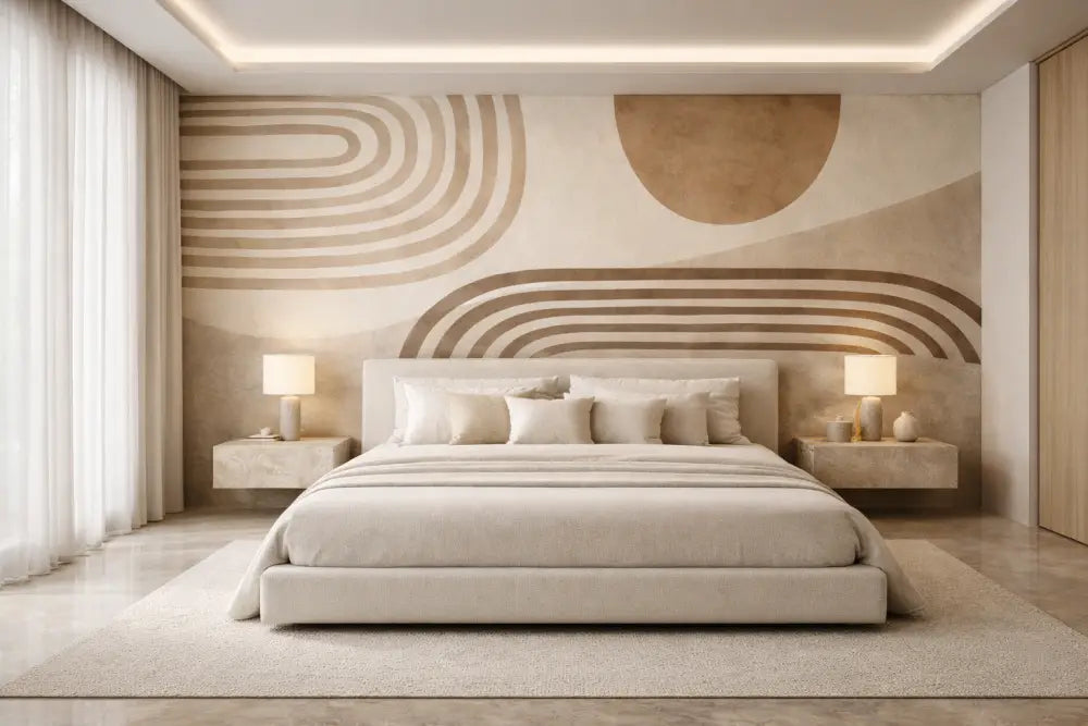 Lit moderne capitonné beige avec un design minimaliste et une tête de lit assortie.