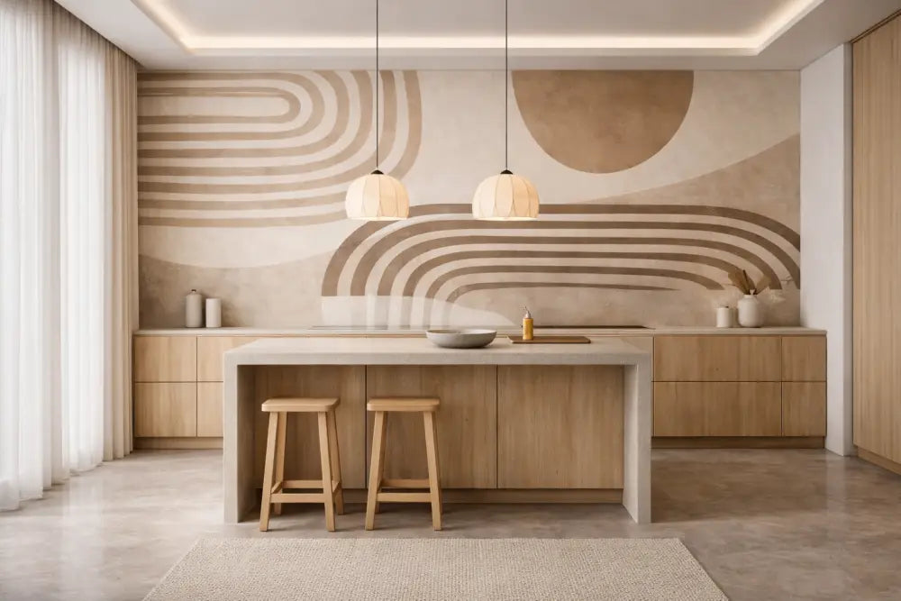 Île de cuisine minimaliste moderne avec meubles en bois clair et un plan de travail blanc élégant.