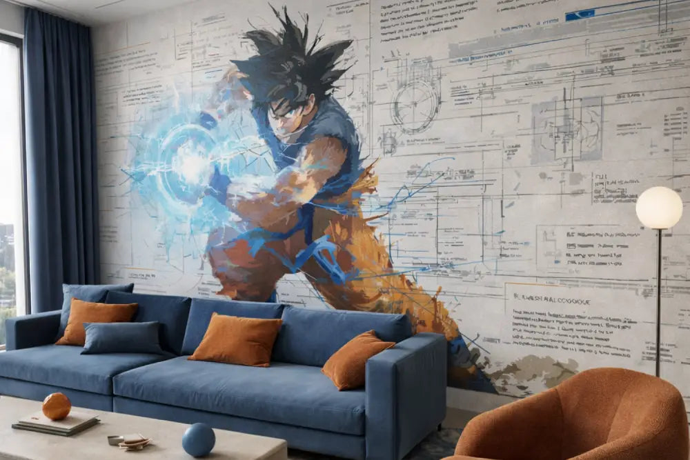 Une peinture murale vibrante de Goku de Dragon Ball, représenté dans une pose dynamique avec des effets d’énergie bleue et orange sur un arrière-plan de schémas techniques.