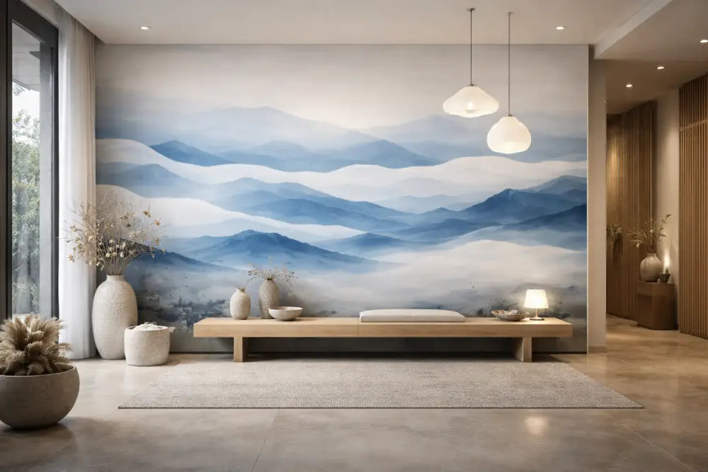 Une fresque sereine de montagne bleu et blanc orne le mur, présentant des pics superposés en tons dégradés doux.