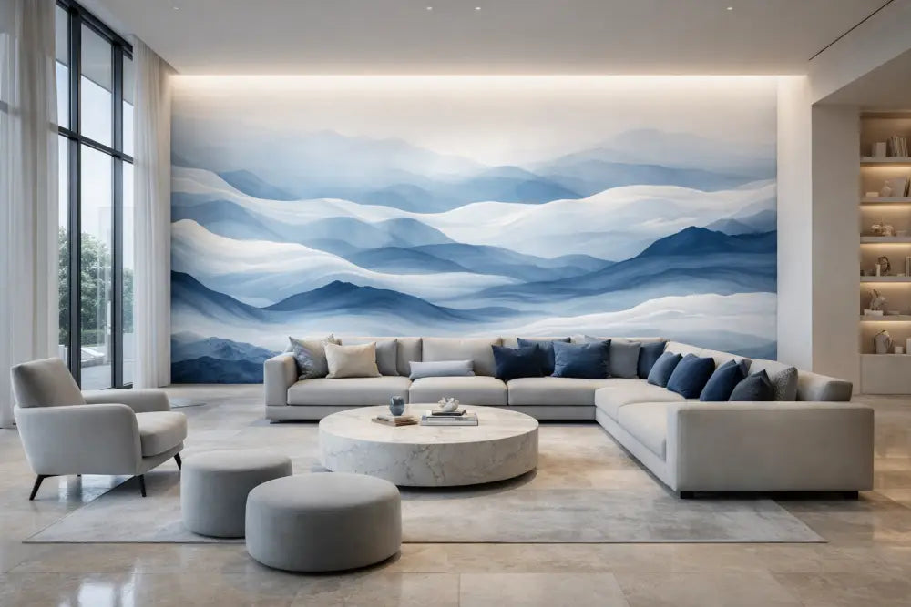 Canapé modulaire moderne avec rembourrage en tissu gris clair et coussins décoratifs bleu marine.