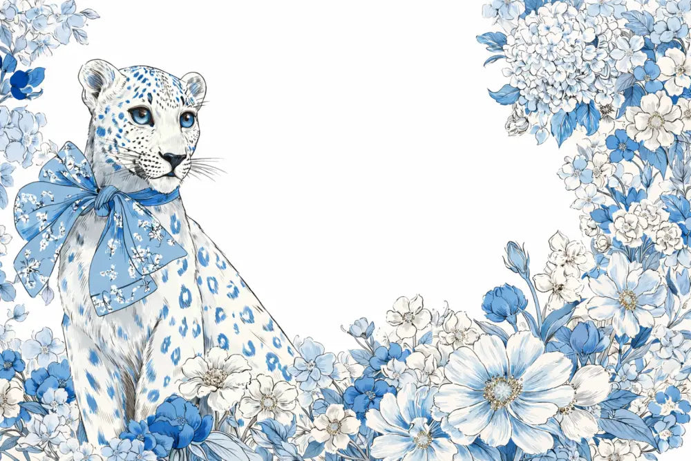 Un léopard des neiges illustré délicat en bleu et blanc orné d’une cravate à motif, entouré de bordures florales.