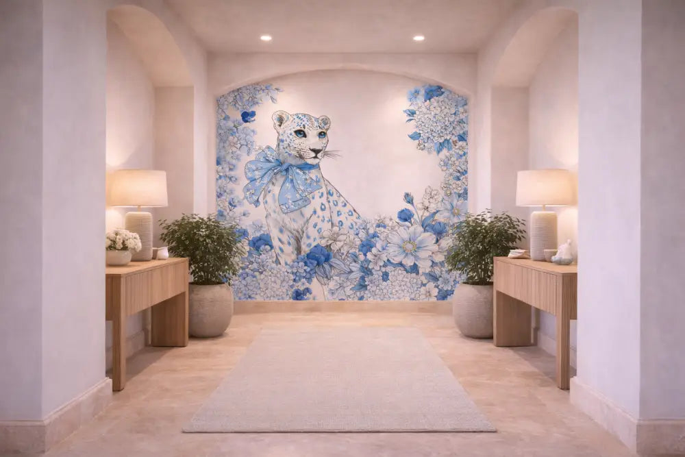 Une frise murale décorative mettant en scène un léopard blanc orné de motifs floraux bleus et d’un nœud assorti, sur un arrière-plan voûté.