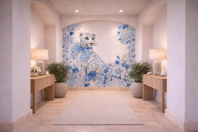 Une frise murale décorative mettant en scène un léopard blanc orné de motifs floraux bleus et d’un nœud assorti, sur un arrière-plan voûté.