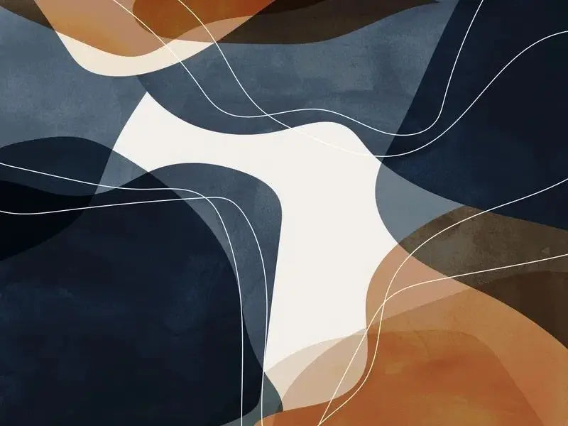 Œuvre d’art numérique abstraite mettant en scène des formes organiques fluides en bleu marine profond, orange terracotta chaud et blanc cassé crémeux, rehaussée de lignes blanches délicates.