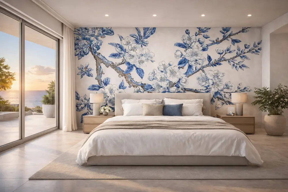 Le lit présente un design élégant et moderne avec une tête de lit rembourrée gris clair et est habillé de linges blancs nets rehaussés d’un oreiller bleu marine.