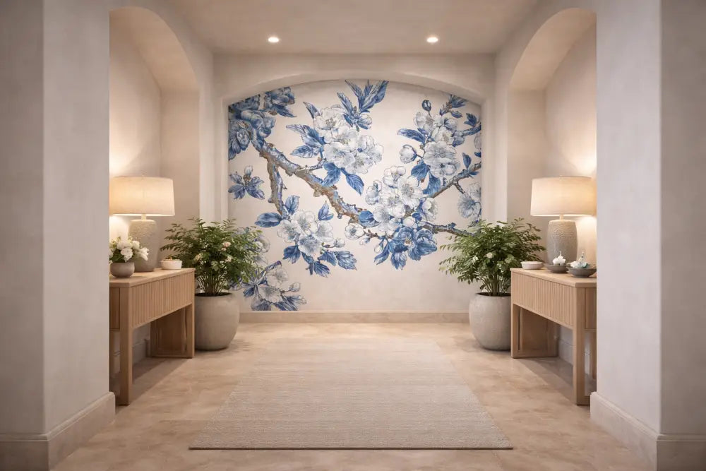 Une fresque décorative bleue et blanche aux motifs floraux orne le mur en arc, présentant de délicates fleurs et feuilles dans un design classique inspiré de la porcelaine.