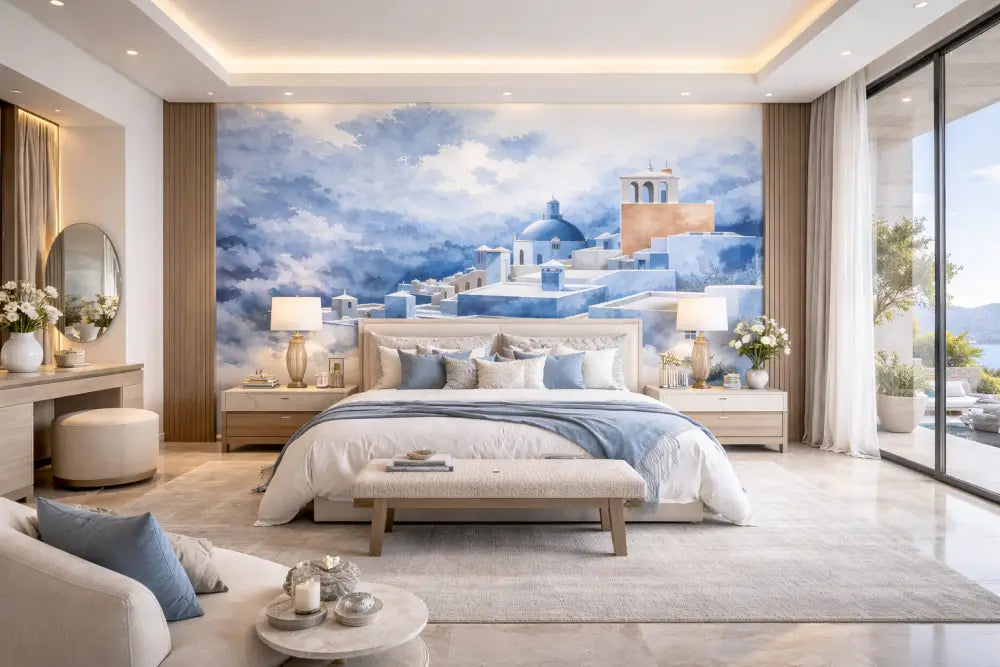 Papier Peint Panoramique Chefchaouen Bleu Aquarelle – Fresque Murale Luxe