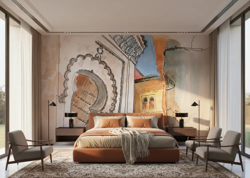 Lit orange capitonné avec tête de lit et pied de lit assortis, habillé de linges beige et d’une couverture jetée grise texturée.