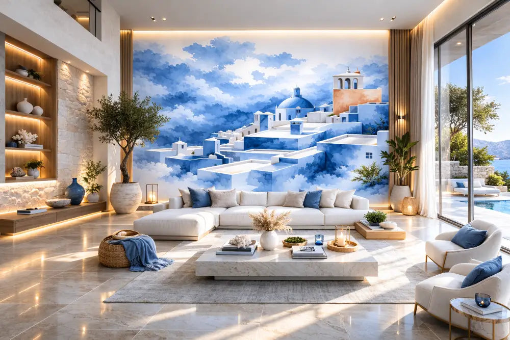 Une fresque aquarelle sereine en bleu et blanc représentant un village grec avec des bâtiments en dôme sur fond de ciel aux nuages doux, montée comme mur focal dans un salon moderne élégant.