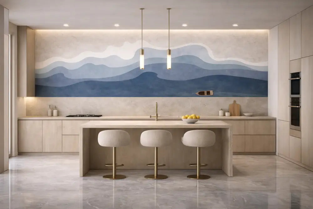 Île de cuisine minimaliste moderne avec trois tabourets de bar rembourrés beige et bases aux tons dorés.