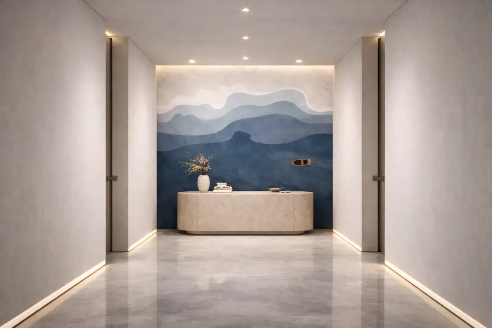 Comptoir d’accueil en marbre beige avec une surface lisse et incurvée et un design minimaliste.