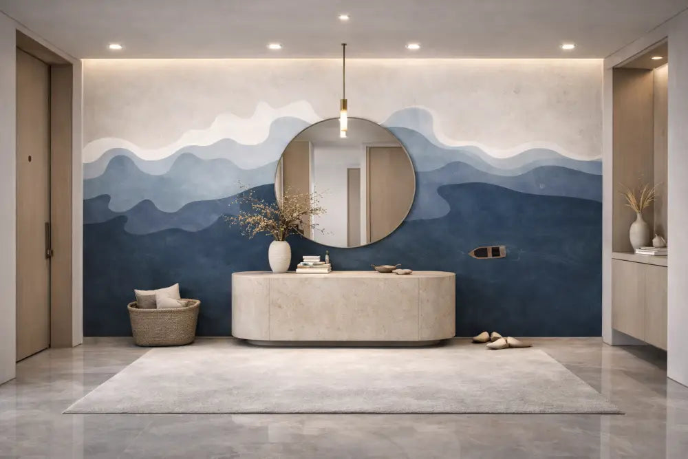 Un miroir élégant en forme ovale avec un cadre métallique minimaliste est suspendu au centre au-dessus d’une table console moderne dans un vestibule élégamment conçu.