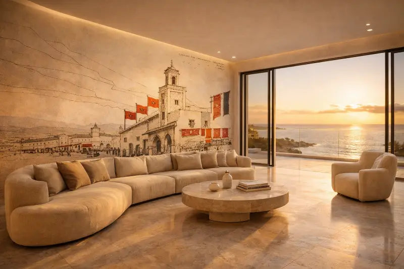 Canapé d’angle courbé beige avec coussins moelleux et une table basse ronde en marbre assortie.