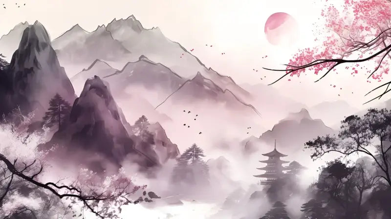 Une branche délicate de cerisier rose avec des pétales dispersés sur un paysage montagneux brumeux aux lavis à l’encre.