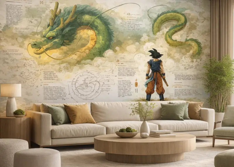 Une fresque vibrante d’un dragon vert avec des écailles intricées et des accents dorés, présentant des diagrammes techniques détaillés et des annotations sur un fond beige texturé.
