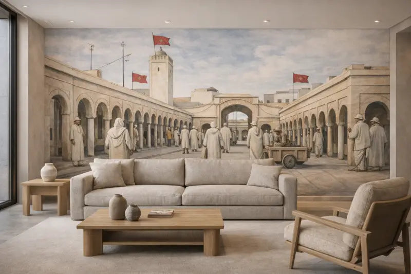 Canapé rembourré beige aux lignes épurées et coussins assortis.