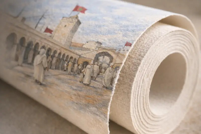 Un papier peint beige enroulé présentant une illustration détaillée de style vintage d’une cour voûtée avec des figures et des drapeaux rouges.