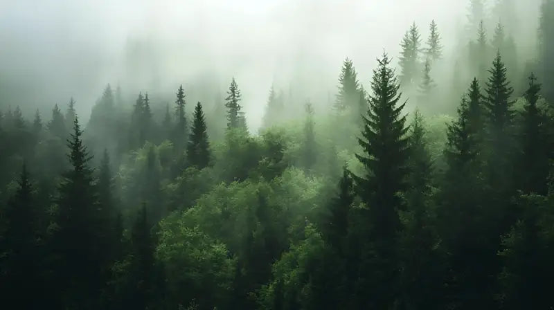 Une forêt dense de grands pins verts foncés enveloppés d’un brouillard épais et brumeux.