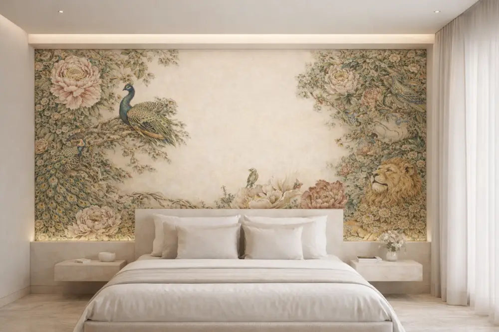 Papier peint mural beige et or représentant un paon et un lion avec un motif floral complexe.