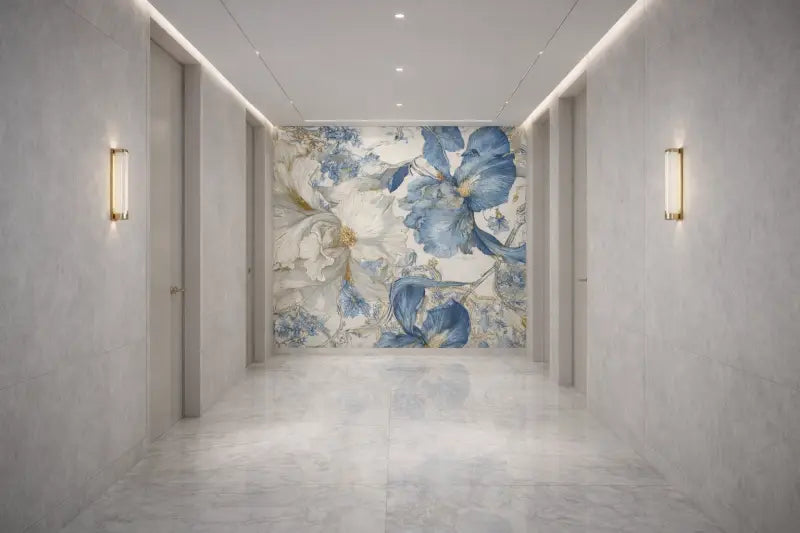 Une grande fresque florale élégante présentant des fleurs bleues audacieuses et des blanches douces avec des accents dorés délicats orne le centre d’un mur de couloir moderne.