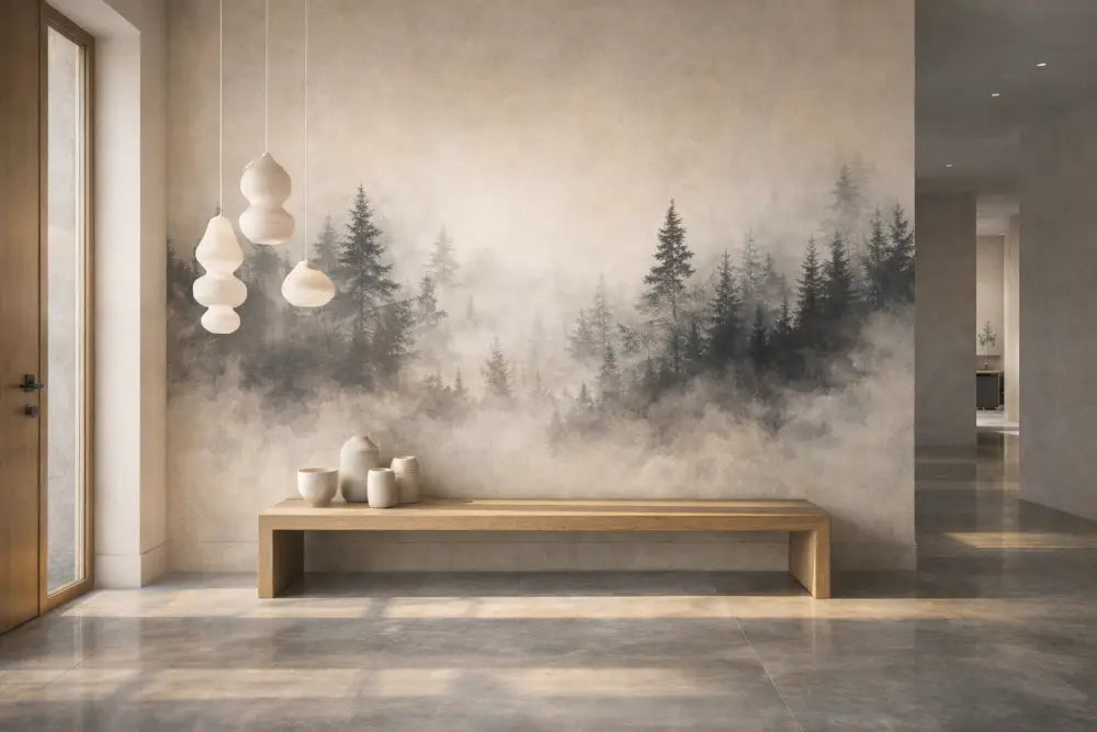 Un banc en bois minimaliste aux lignes épurées et à la finition naturelle, positionné contre un mur orné d’une fresque de forêt brumeuse.