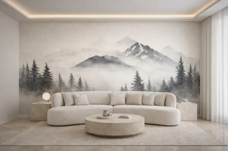 Canapé d’angle courbé beige avec des coussins doux et moelleux et un design minimaliste.