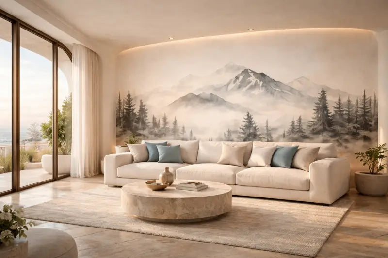 Canapé d’angle beige avec des coussins d’accentuation bleu clair et un design moderne et minimaliste.