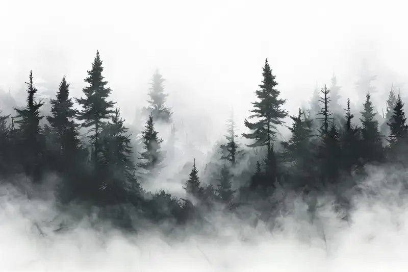 Une forêt brumeuse de grands pins verts foncés s’élevant d’un brouillard gris doux.
