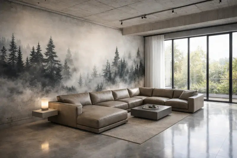 Canapé d’angle en cuir beige aux lignes épurées et au design moderne et minimaliste.