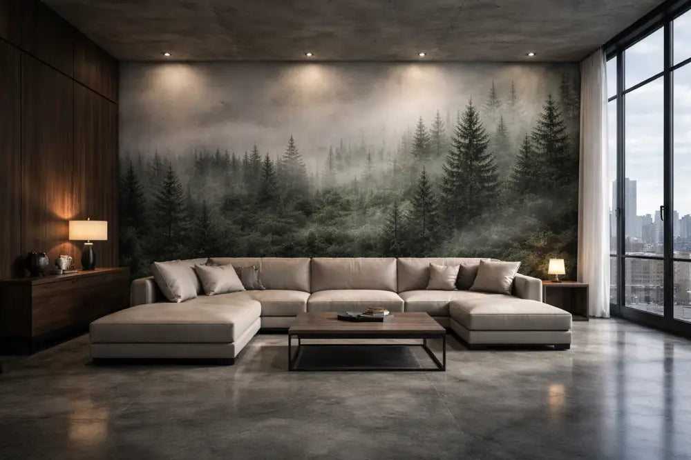 Canapé d’angle en cuir beige avec un design moderne et minimaliste et des coussins décoratifs assortis.