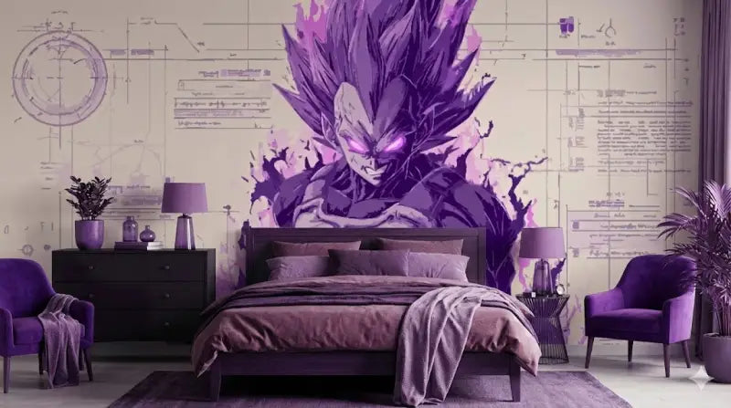 Fresque de personnage d’anime violet avec des cheveux en pics et des yeux luisants, peinte sur un mur couvert de schémas de style plan technique.
