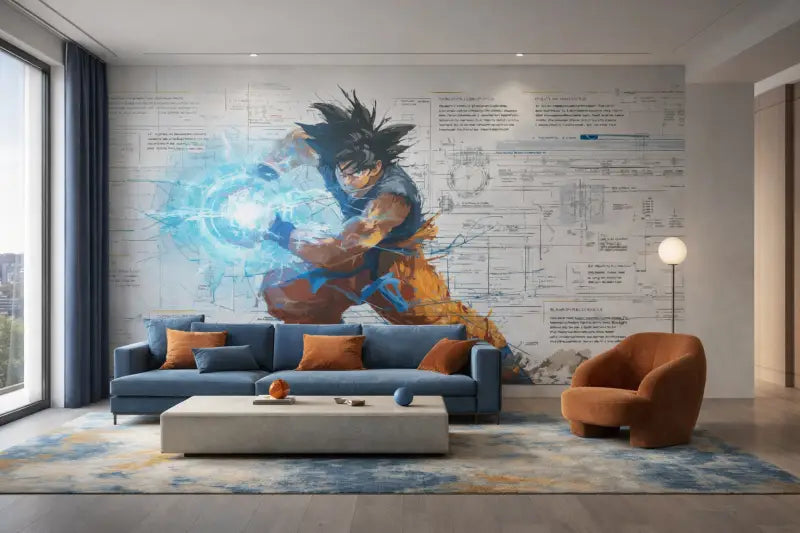 Murale vibrant de Goku bleu et orange avec une aura d’énergie dynamique sur un mur de style plan détaillé.