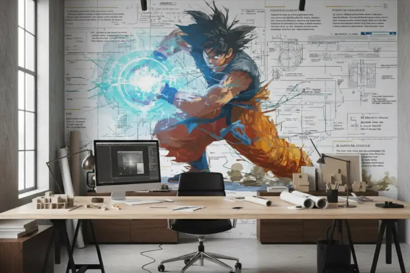 Mural vibrant de style anime de Goku en pose dynamique, présentant son gi iconique orange et bleu avec des cheveux noirs, entouré d’une aura d’énergie luisante sur un fond de schémas techniques.