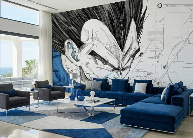 Canapé sectionnel en velours bleu profond avec coussins blancs.