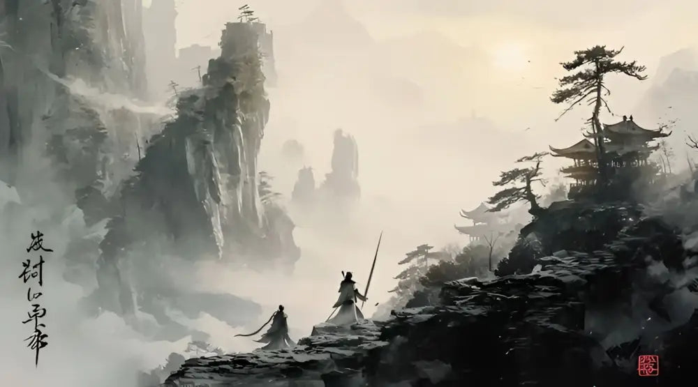 Un paysage brumeux peint à l’encre, présentant des falaises imposantes et un pavillon chinois traditionnel perché sur un terrain rocailleux.