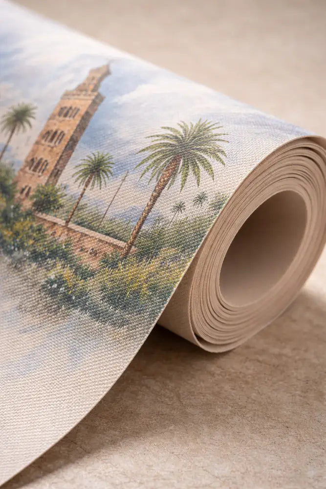 Un papier peint en toile beige enroulé présentant une illustration détaillée d’une tour historique entourée de palmiers sous un ciel doux.