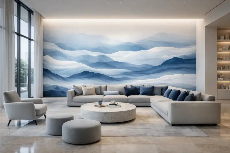 Canapé modulaire moderne avec rembourrage en tissu gris clair et coussins décoratifs bleu marine.