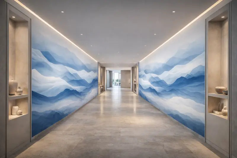Murale de montagne en dégradé bleu époustouflant avec texture aquarelle douce ornant les deux murs d’un couloir moderne.