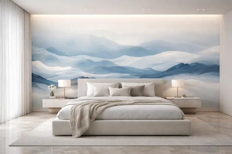 Lit moderne capitonné blanc avec une couverture jetée texturée grise drapée dessus.