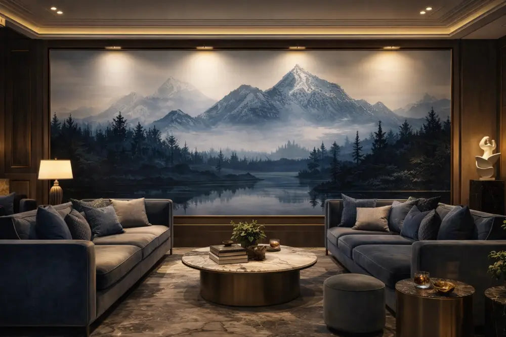 Une grande fresque détaillée de montagnes enneigées et d’un lac brumeux en bleus et gris atténués.