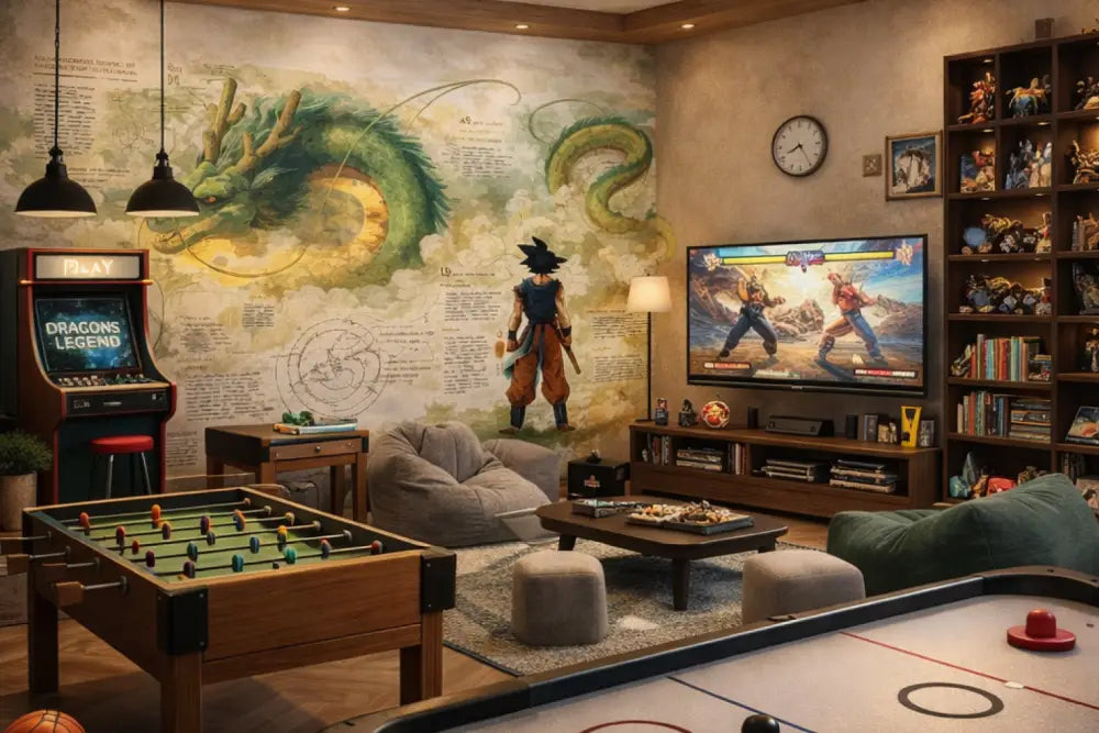 L’objet principal est une machine d’arcade de style vintage rouge et noir étiquetée « dragons legend » avec un design de cabinet en bois classique.